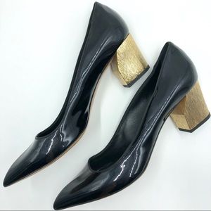 Casadei Black Patent Leather Gold Heel Pumps